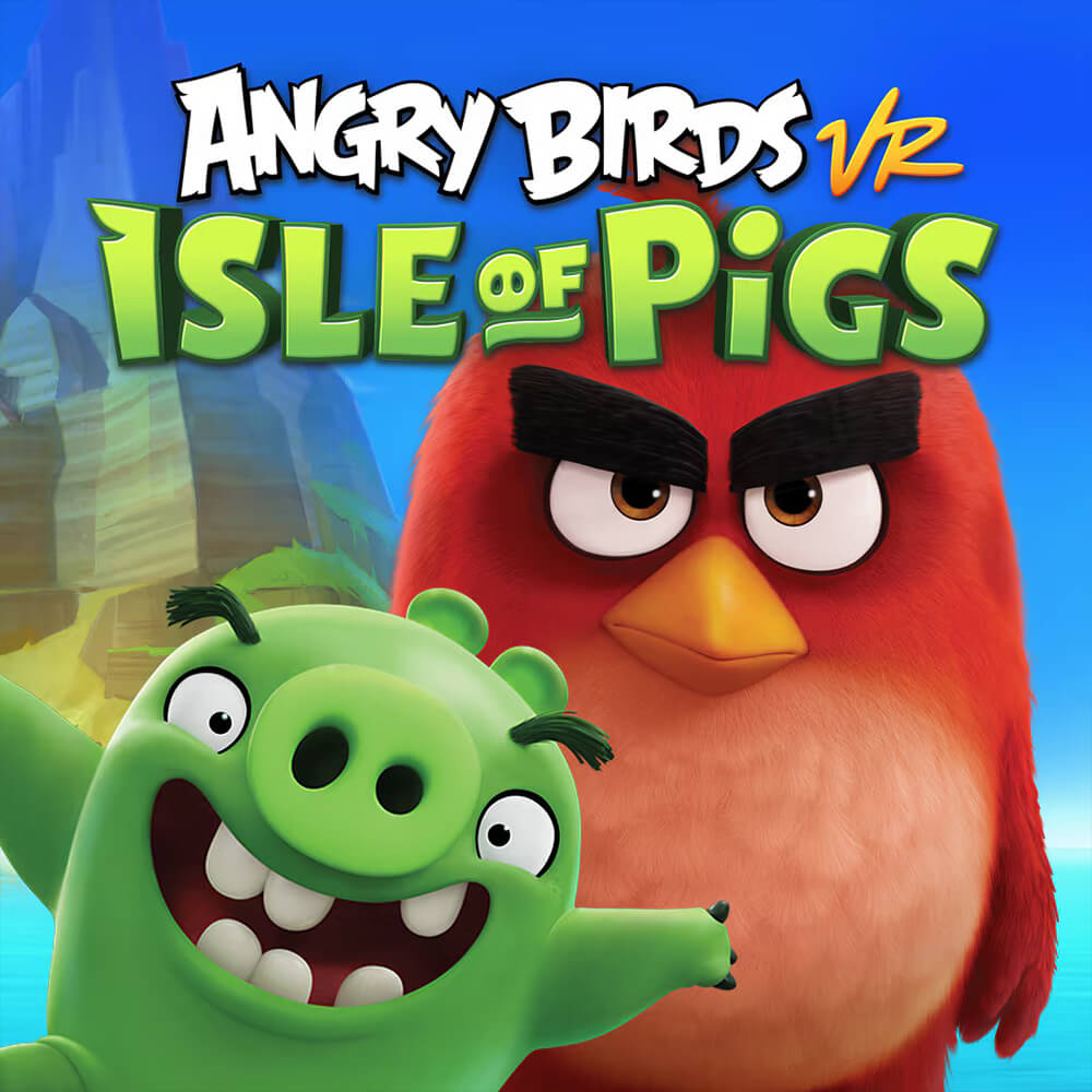 Player launching birds to destroy structures in Angry Birds VR Isle of Pigs.