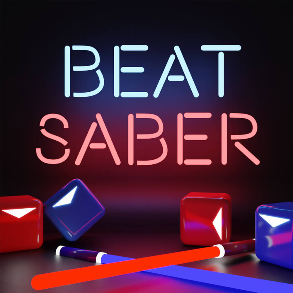 Player slicing musical blocks with lightsabers in Beat Saber VR.