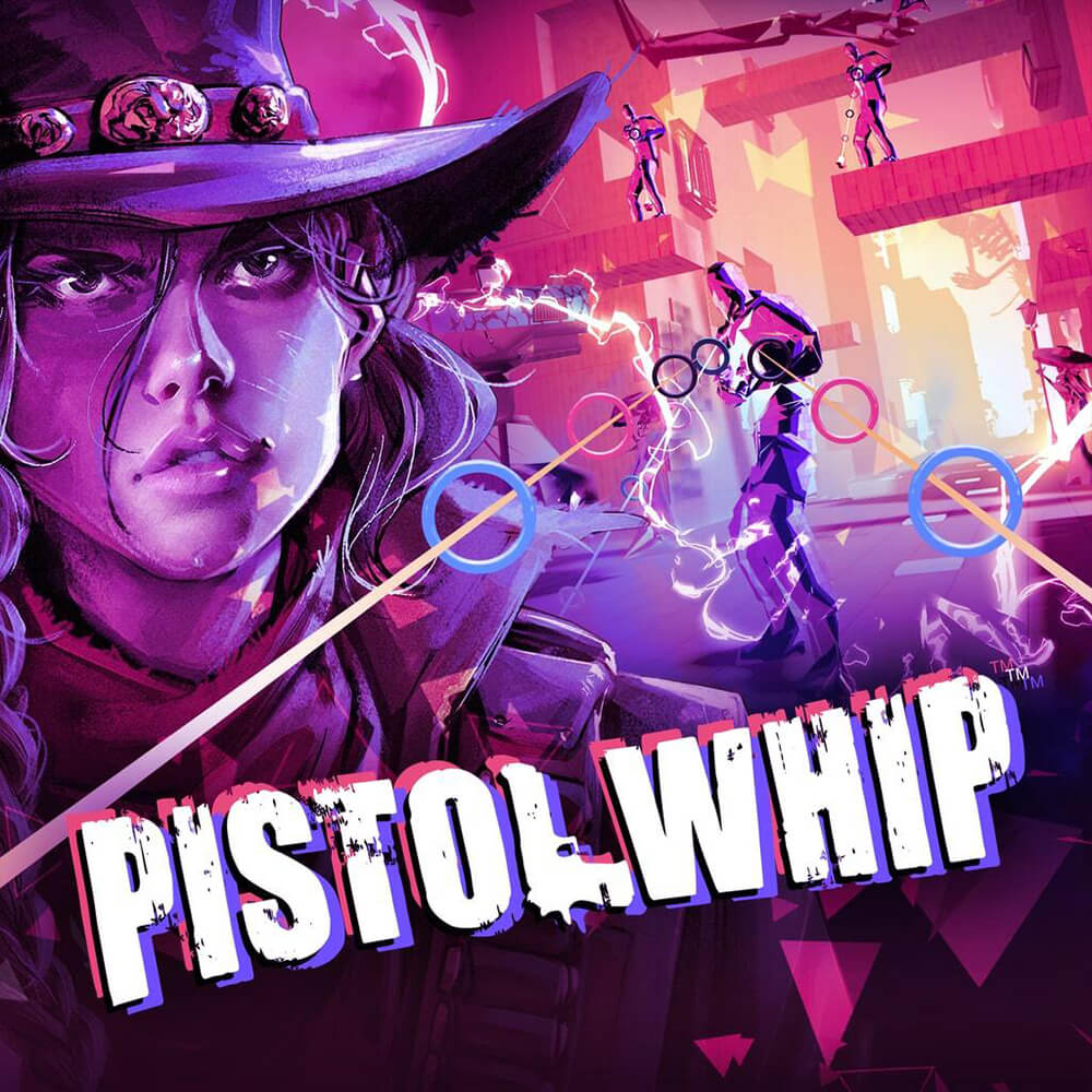 Player shooting enemies to the beat in Pistol Whip virtual reality game.