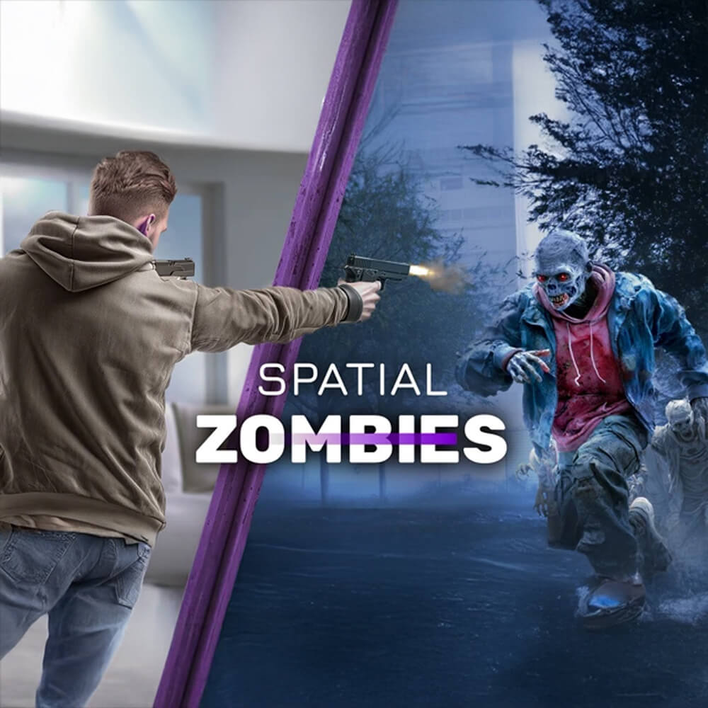 Players battling waves of zombies in Spatial Zombies mixed reality game.